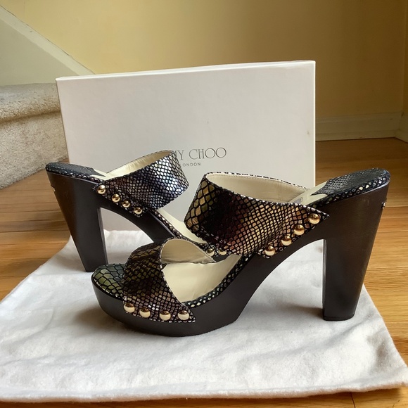 JIMMY CHOO ULRIKA Metallic Leather Studded Wooden Heel Slide Sandals SZ 40.5/9.5 - Picture 2 of 16